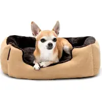 Lionto hondenbed, zacht knuffelbed met uitneembaar, omkeerbaar kussen en antislipbodem, 50x37 cm, beige/bruin