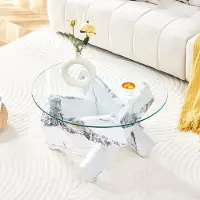 OKWISH Salontafel Rond - Kruispoot Onderstel - Voor Woonkamer En Leeshoek - MDF Wit Marmerlook En Transparant Glas - 79x45 Cm
