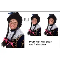 Partyxplosion 3x Pieten pruik luxe krul zwart met 2 vlechten - Pruik Piet Sinterklaas feest thema Pietje thema feest