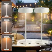 ROSNEK Solar Tafellamp Buiten Set van 2 - Oplaadbare Tuinverlichting - USB & Zonne-energie - Traploos Dimbaar & 3 Lichtkleuren - Draadloze Tafellampen - Wit
