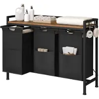 In And OutdoorMatch Wasmand met 3 waszakken - Uitschuifbare Wasmanden - Metalen Frame & Houten Blad - Voor Wasruimte, Badkamer of Slaapkamer - Zwart - Modern & Ruimtebesparend