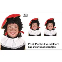 Partyxplosion 3x Pieten pruik luxe zwart met staartjes verstelbare kap - Sinterklaas feest thema feest Sint en Piet