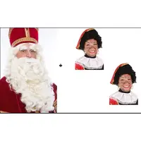 Partyxplosion TV Baardstel Sint deluxe + 2x Pieten pruik luxe zwart verstelbare kap - Sint en Piet Sinterklaas feest baard thema feest party evenement feest