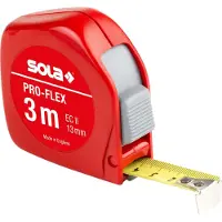 Sola PRO-FLEX - Meetlint 3m / 13mm - Zaklint met riemclip - Stalen lint, geel gelakt met mm-schaal - Nauwkeurigheidsklasse II - Rolmeter met verstelbare eindhaak - Lengtemeter - 3m/13mm