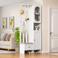 OKWISH Garderobekast – 2 Kasten 1 Lade – Schoenenbank Met 6 Haken – 10 Opbergniveaus – Anti-Kantel Ontwerp – 85x33,5x200 cm – Spaanplaat+Gehard Glas – Wit