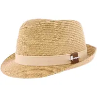 Herman -hoed en effen beige papieren stro met een kleine opstaande rand aan de achterkant en een bijpassend lint maat 55/S