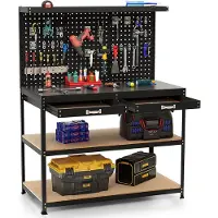 Costway Werkbank 121 x 61 cm, 230 kg draagkracht, werktafel met gatenwand, laden en planken, 24 hanghaken, werktafel gereedschapsbank voor huis, garage, werkplaats (zwart, 121 x 65 x 156 cm)
