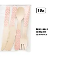 TakeAware Bestekset wave baby roze - 18 delig - hout - Kraamfeest geboorte babyshower thema feest festival