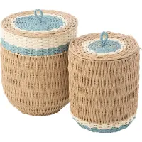 J-Line set van 2 manden met deksel naturel/lichtblauw - papier - 35 x 35 x 43 cm