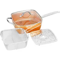 ROYAL SWISS Vierkante Kookpan 28x28 cm – 6L – Multifunctionele Frituurpan met Mand & Stoomrek – PFAS Vrij – Inductie – Met Glazen Deksel