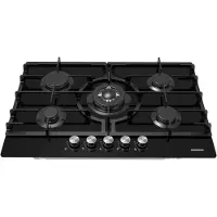 Heinner HBH-M705IWFGBK Inbouw Gaskookplaat 75 cm – 5 Branders – Wok – Elektrische Ontsteking – Gietijzeren – Veiligheidsbeveiliging – Zwart Glas – 5 Jaar Garantie