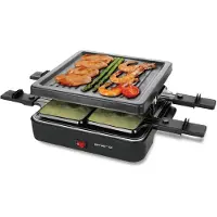 Emerio Gourmetset - Raclettegrill - 600W - 4 Personen - Anti-aanbaklaag - Stalen Grillplaat - Anti-Slip - Incl. 4 Houten Spatels + Pannetjes - RG-120656 Zwart