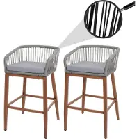 Mendler Set van 2 Touw barkrukken -O22, buiten zitkussen touw vlechtwerk metaal hout-look ~ lichtgrijs, kussen lichtgrijs