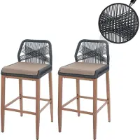 MCW Set van 2 Touw barkrukken -O21, buiten zitkussen touw vlechtwerk metaal hout-look ~ antraciet, kussen taupe