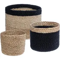 H&S Set van 3 beige en zwarte jute opbergmanden