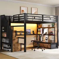 MODFU – Hoogslaper met Bureau en Opbergruimte – 140x200 cm – Trap & 2 Laden – Instelbare LED – MDF – Zwart