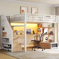 OKWISH hoogslaper 140x200, multifunctioneel met bureau en geïntegreerde planken, bed voor jongeren met trap, opbergruimte en 2 lades, eenpersoonsbed met LED-verlichting, wit (zonder matras)