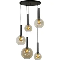 Masterlight Zwarte hanglamp Bella 5-lichts met glasbollen