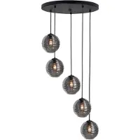 Highlight 5 Lichts Hanglamp Fantasy Zwart Met Ribbel Glas