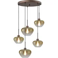 Masterlight 5-lichts hanglamp Genua bruin met 3x goud glas Ø 24cm en 2x Ø 29cm