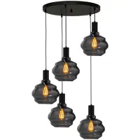 Masterlight 5-lichts vide hanglamp - zwart - Porto met Ball smoke glazen - Ø 24cm