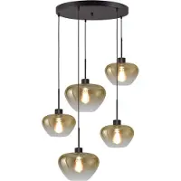 Masterlight 5-lichts hanglamp Genua zwart met 3x goud glas Ø 24cm en 2x Ø 29cm