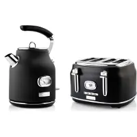WESTINGHOUSE Retro Ontbijtset, broodrooster met 4 sleuven + waterkoker 1.7L, Waterkoker, Zwart