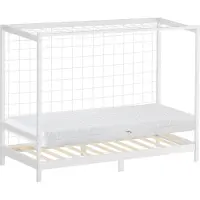 ML-Design Kinderbed in de vorm van een voetbaldoel, 90 x 200 cm, wit, van grenenhout, inclusief matras (h-16 cm), handbaldoel met lattenbodem en doelnet