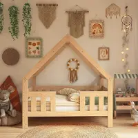 Need Sleep – Houten Montessori Huisbed 70x140 cm – Peuterbed met Dak en Valbeveiliging – Naturel Massief Hout