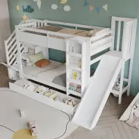 STILVORA Stapelbed 90x200cm – Met Glijbaan En Trapkast Met Opbergruimte – Boekenkast En 2 Lade – Zonder Matras – Kinderkamer – Massief Hout En MDF – Wit