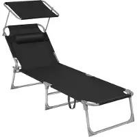 Songmics Ligstoel voor op het terras – Inklapbaar relax-luier met hoofdsteun, rugleuning en parasol – 193 × 53 × 29,5 cm – Max. belasting 150 kg – Zwart – Model GCB192B01