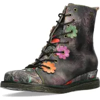 LAURA VITA Ercnaulto 212 Grijze Bloemen Dames Gothic Victoriaanse Leren Enkellaarzen met Hak