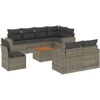 vidaXL 9-delige tuinmeubelset met kussens, grijs, polyrotan
