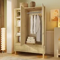 STILVORA Kledingkast - Rattan Fronten Met 2 Deuren En 2 Lades - Open Vakken En Hangroede - Hout - Eiken - 180x120x50 Cm
