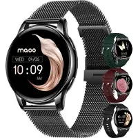 Maoo Ventura AMOLED Smartwatch Dames – RVS & 4x Siliconen Bandjes – Stappenteller, Hartslagmeter, Slaapmonitor, Multisport, Notificaties, Bellen, GPS, Android & iOS – Zwart