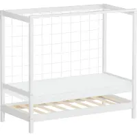 ML-Design Kinderbed in de vorm van een voetbaldoel, 70 x 140 cm, wit, van grenenhout, inclusief matras (H-10 cm), handbaldoel met lattenbodem en doelnet
