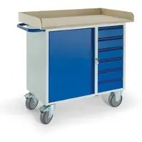 ROLLCART Werkbank met kast, 6 schuifladen, 3-zijdige houten omranding, 2 zwenkwielen/2 bokwielen
