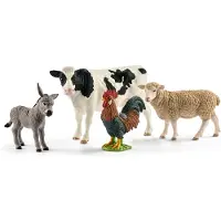 Schleich FARM WORLD - Starterset met 4 Verzamelbare Boerderijdieren, Koe, Schaap, Donkey Veulen en Haan
