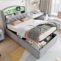 OKWISH Gestoffeerd Bed 160x200 cm - Boxspring Met LED En USB - Bed Met Opbergruimte - Voor Tieners - Katoen - Grijs (geen matras)