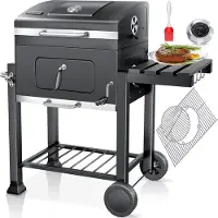 Kesser Houtskoolbarbecue XL Barbeque Houtskool met Deksel, Wielen, Roestvrij Stalen Handvat, Barbecuerooster en Thermometer, 8 Spiesen met Zakje & siliconen Borstel, grote BBQ Camping Terras Tuin
