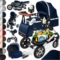 Kesser Kinderwagen 3 in 1 Loops Wandelwagen Set incl. Autostoel & Reiswieg & Buggy Sportzitje - Massieve Rubberbanden - Luiertas / Regenhoes - Blauw / Zilver