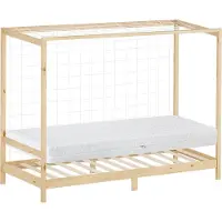 ML-Design Kinderbed in de vorm van een voetbaldoel, 90 x 200 cm, naturel, van grenenhout, inclusief matras (H-16 cm), handbaldoel met lattenbodem en doelnet