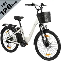 TTGO Elektrische Fiets - Tot 120 km Actieradius - 18Ah Accu - 26" stadsfiets - Shimano 7 Versnellingen - LCD Display - wit