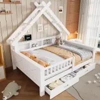 STILVORA Huisbed 140x200 cm – Kinderbed Met Ledverlichting – Met Planken En 2 Lades – Met Uitvalbeveiliging – Houtlook – Zonder matras – Wit