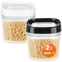 Kadax Voorraaddoos, transparante opbergdoos van kunststof, luchtdichte voorraaddoos met deksel, voorraaddozen voor meel, muesli, suiker en pasta (set van 2: 600 ml, wit en zwart)
