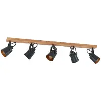 LINDBY Kimban plafondspot, 5-lamps, 106 cm, hout, metaal Kimban, dimbaar, hout donker, Woon-/ Eetkamer, Hout, Modern, buitenspot