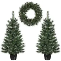 Black Box Trees Glendon - Set van 2 Kerstbomen en 1 Krans met LED Verlichting - Groen