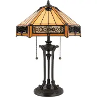 QUOIZEL Tiffany tafellamp Indus, brons / oud-messing, Woon-/ Eetkamer, Glas, Tiffany, tafellamp