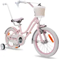 Sun baby Heart Bike Fiets voor een meisje van 4 tot 6 jaar, 16 inch Silver Moon Roze, met fietsbel, zijwieltjes, duwstang en stuurmandje