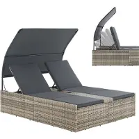 Juskys Polyrotan Loungebed / Ligbed Syros - Grijs - 2 personen - Incl. Kussens & Zonnedak